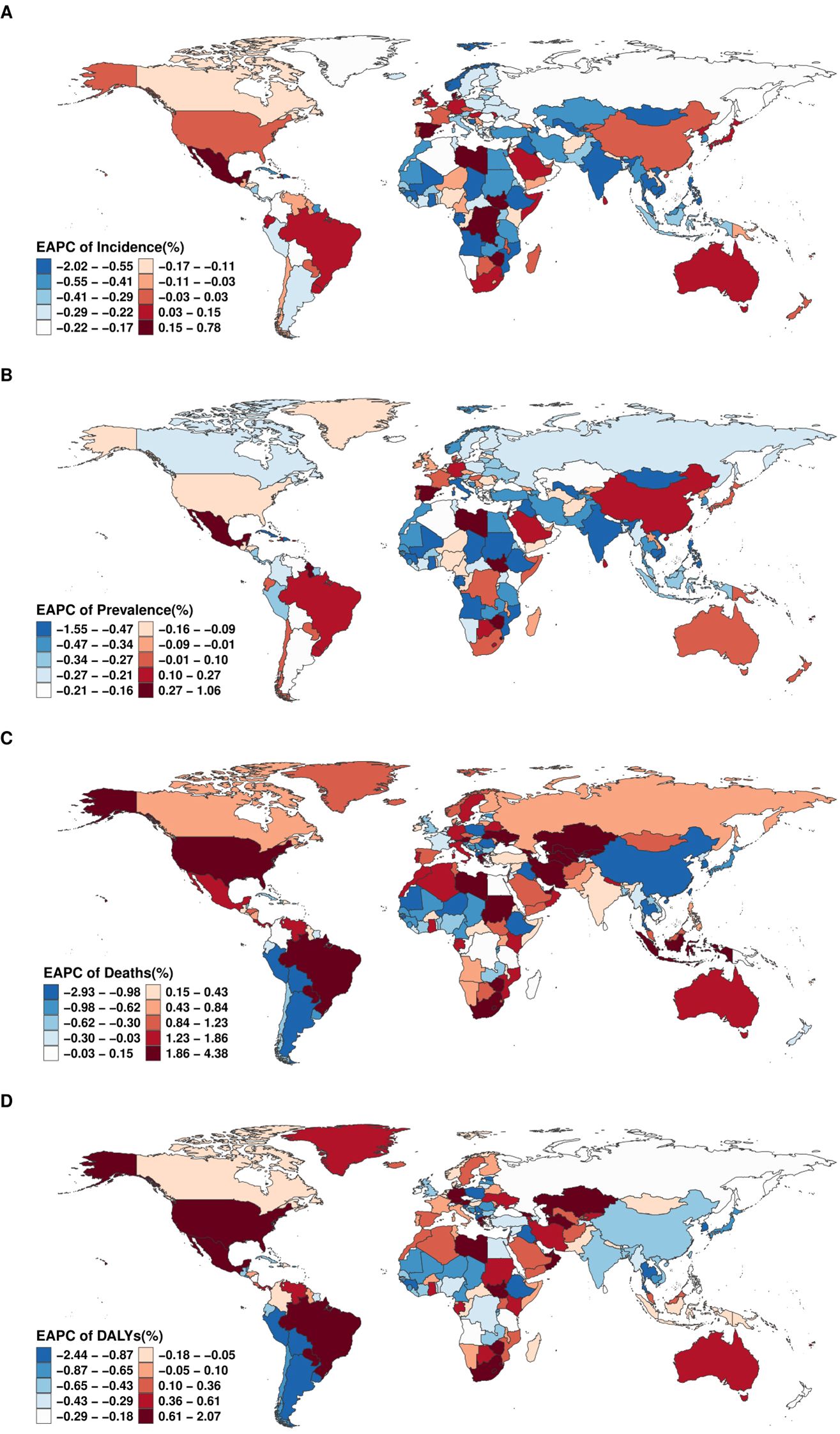 Four world maps display the Estimated Annual Percent Change (EAPC) in different health metrics by country. Map A shows EAPC of incidence, Map B displays prevalence, Map C represents deaths, and Map D shows DALYs (Disability-Adjusted Life Years). Color gradients range from blue to red, indicating varying EAPC percentages, with red representing higher increases. Each map visualizes the data distribution globally, highlighting regional differences in health metrics.