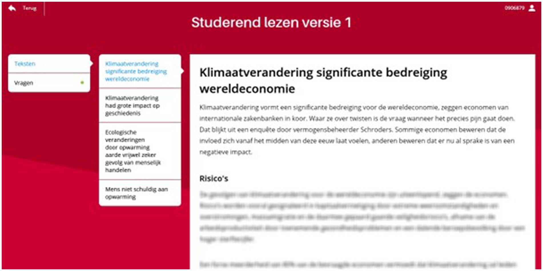 Webpage interface with a red background. A text box on the left lists topics related to climate change. On the right, there's an article titled 