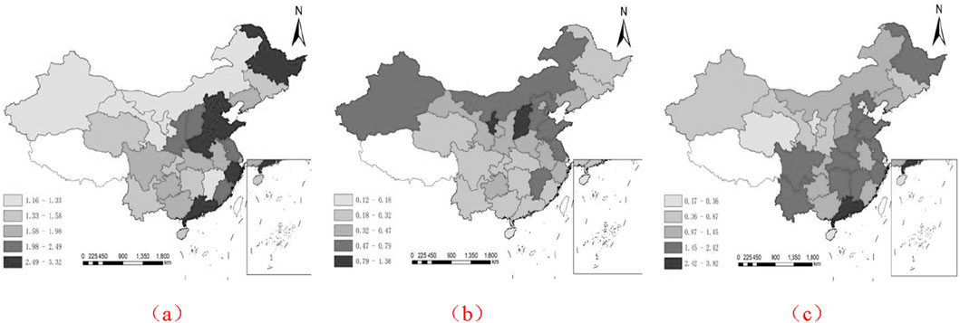 Three grayscale maps of China show different data distributions. Map (a) ranges from 1.16 to 3.32, map (b) from 0.12 to 1.36, and map (c) from 0.17 to 3.92. Shaded regions represent varying data values, with a legend and scale bars for reference. An inset in each map shows the location within a broader area.