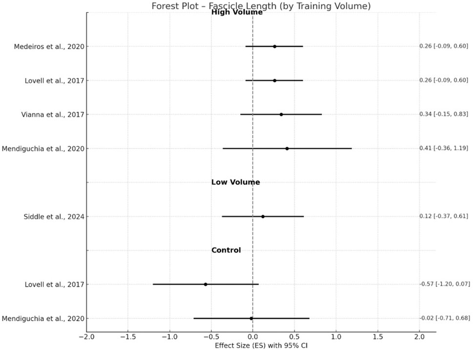 Forest plot showing effect sizes (ES) with 95% confidence intervals for fascicle length by training volume. Studies are categorized as high volume, low volume, and control. Labels include authors and years, with varying ES values and confidence intervals. A vertical dashed line at ES = 0 indicates no effect.