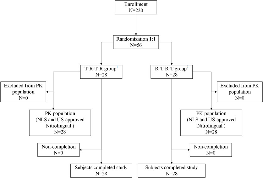 Flowchart illustrating a study with 220 enrollments. Randomization splits into two groups: T-R-T-R and R-T-R-T, each with 28 participants. Zero exclusions and non-completions reported. Both groups show 28 subjects completing the study, with all in the PK population using NLS and US-approved Nitrolingual.