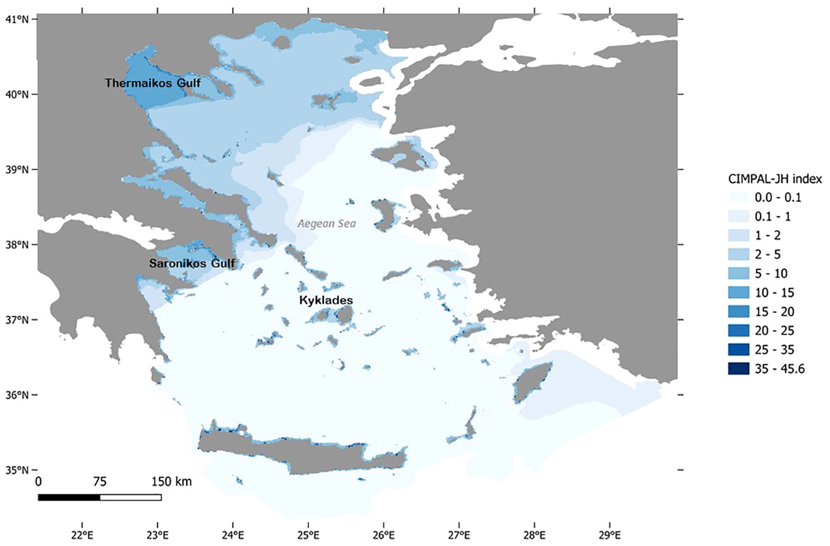 Map of the Aegean Sea showing the CIMPAL-JH index. Regions include Thermaikos Gulf, Saronikos Gulf, and Kyklades. Color gradient indicates index levels from 0.0 to 45.6.