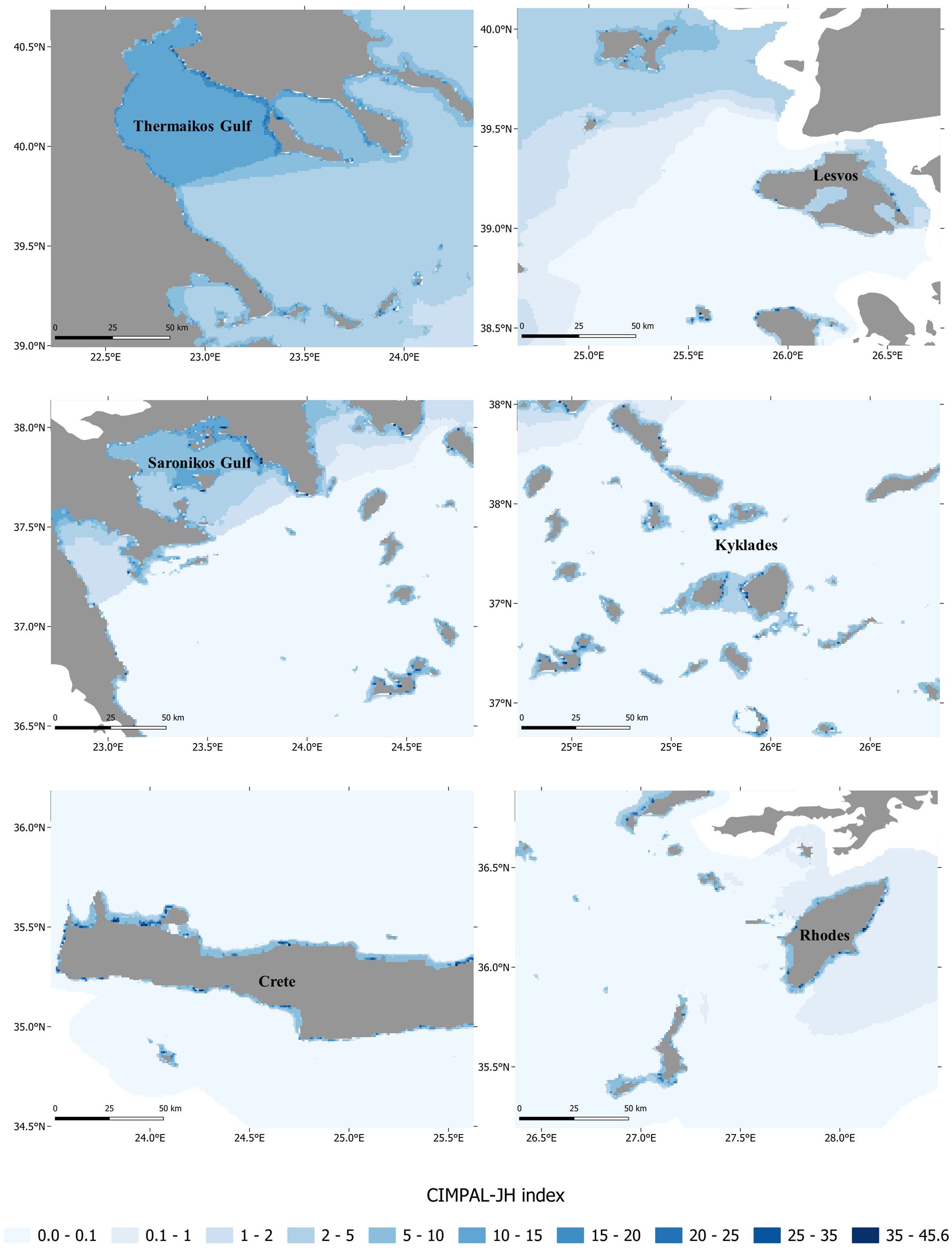 Six maps depict different regions of the Aegean Sea, highlighting the CIMPAL-JH index with varying shades of blue indicating values from 0.0 to 45.6. The maps feature Thermaikos Gulf, Lesvos, Saronikos Gulf, Kyklades, Crete, and Rhodes. Grey areas represent land, while blue shades over water reflect index values, with darker shades indicating higher values. Each map includes a scale bar and coordinates, offering regional geographic context.