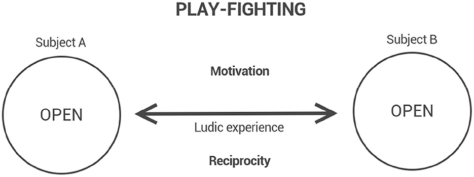 Diagram illustrating play-fighting dynamics. Two circles labeled “Subject A” and “Subject B” both indicate “OPEN.” An arrow between them shows interactions: “Motivation” toward subject B, “Reciprocity” toward subject A, and “Ludic experience” in the center.