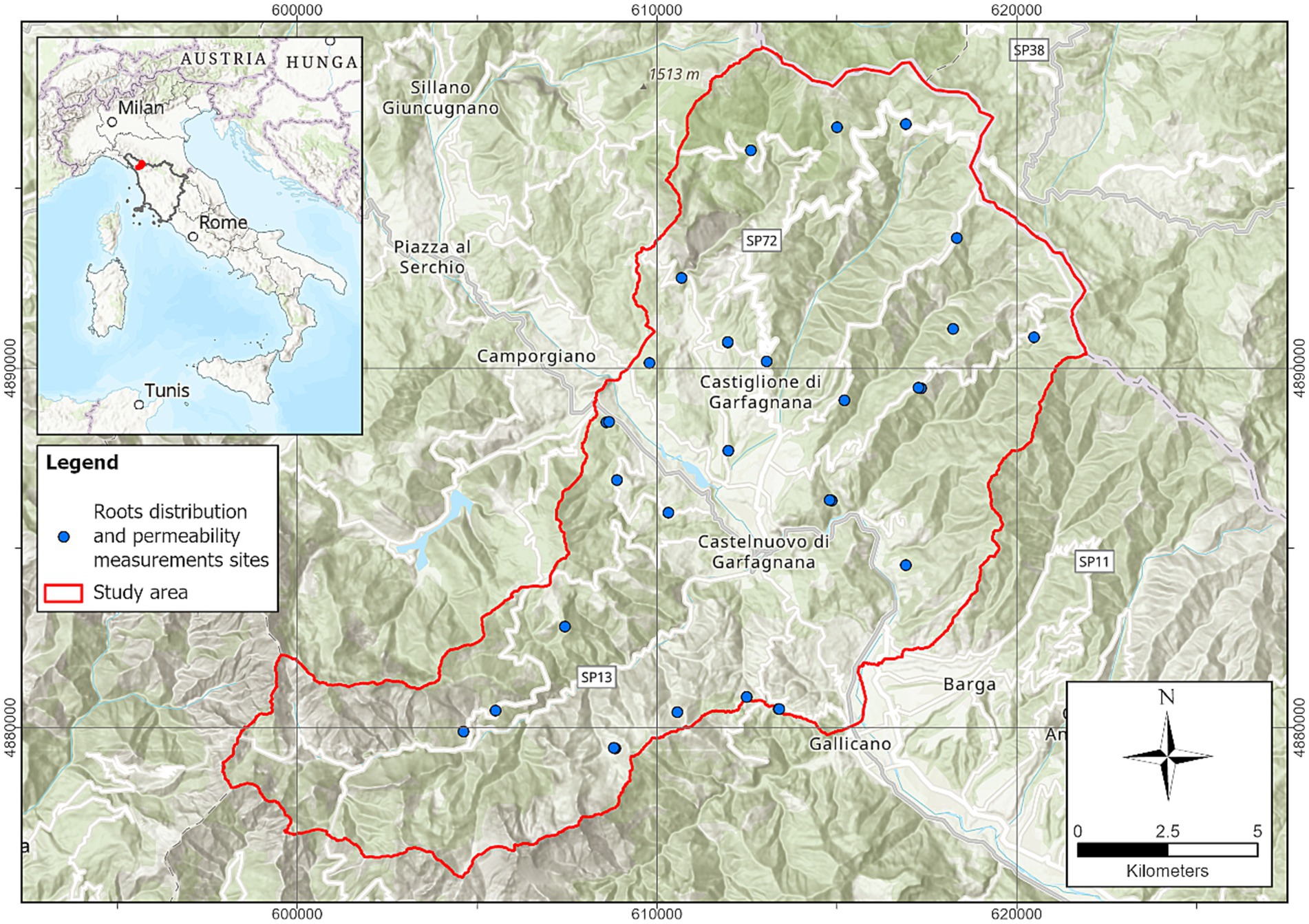 Map of the Garfagnana region in Italy, highlighting study areas in red. Blue dots indicate roots distribution and permeability measurement sites. An inset shows the location within Italy, marked in red.