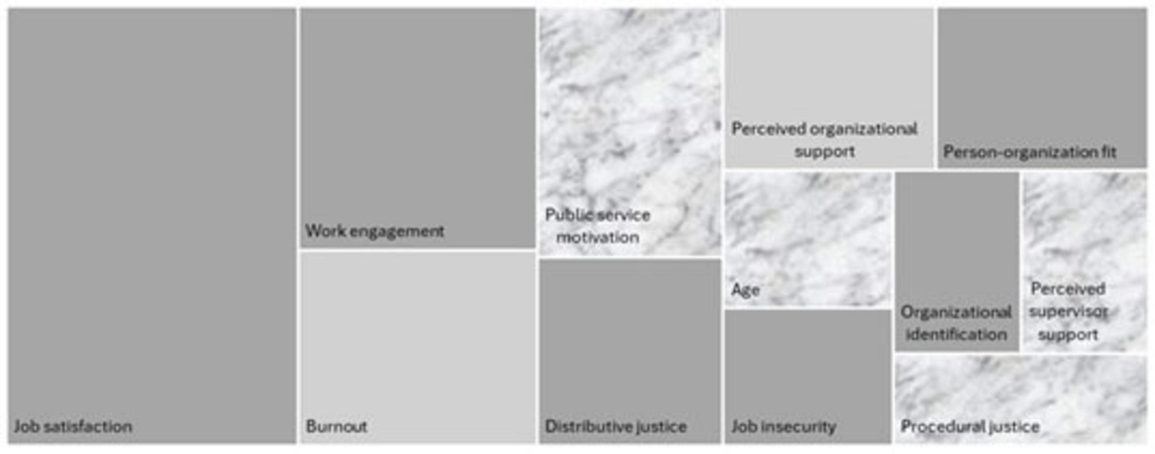 “A treemap visualization showing various variables related to mediators and moderators, including job satisfaction, work engagement, burnout, public service motivation, distributive justice, perceived organizational support, person-organization fit, age, job insecurity, organizational identification, perceived supervisor support, and procedural justice. Each factor occupies a differently sized rectangle, indicating its significance or proportion.”