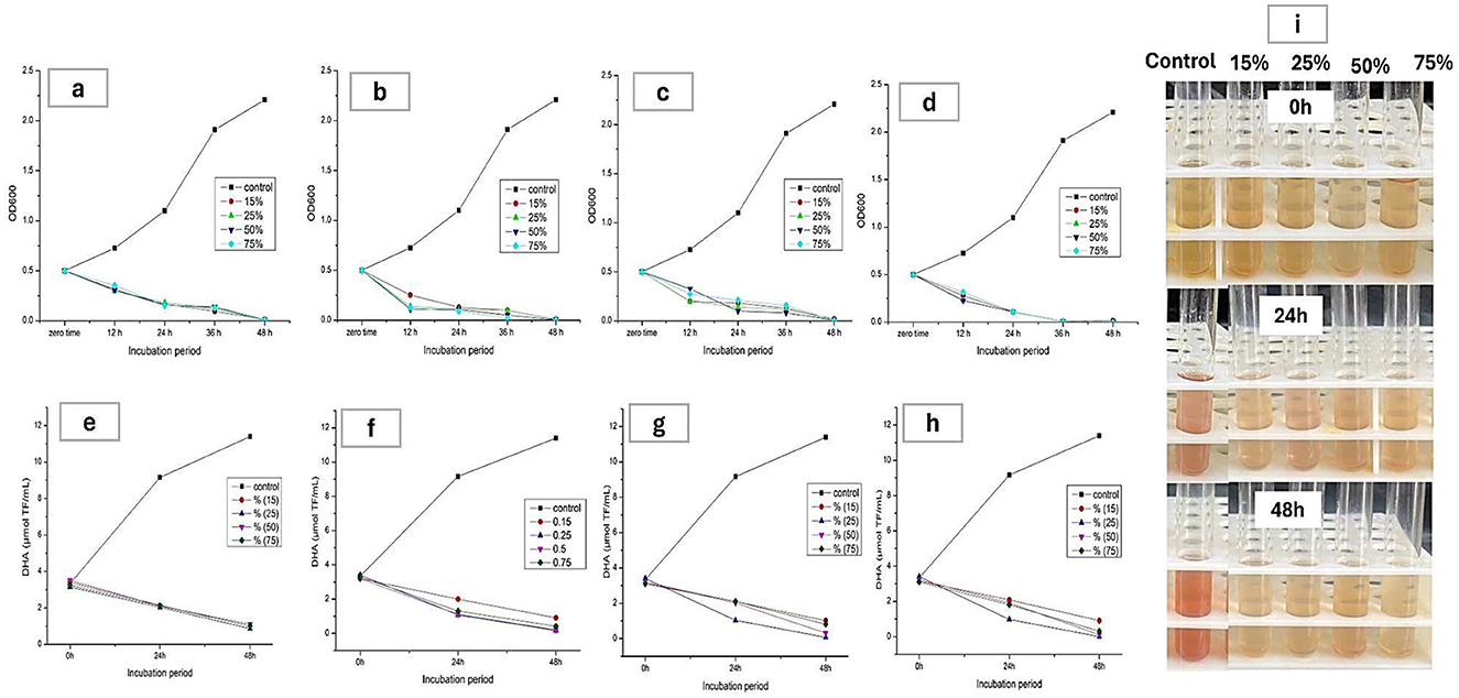 Graphs labeled a to h show changes in OD600 and DNase activity across different incubation periods (zero time, twelve hours, twenty-four hours, and forty-eight hours) for control and various concentration treatments (15%, 25%, 50%, 75%). Graphs a to d plot OD600, while e to h plot DNase activity. Image i presents test tubes with varying liquid concentrations over time intervals: 0 hours, 24 hours, and 48 hours, illustrating visual changes.