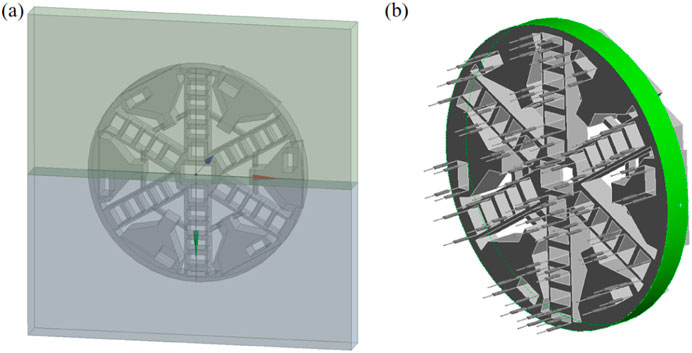 Diagram showing cross-sectional views of a tunnel boring machine cutter head. Panel (a) depicts the front view within a semi-transparent cube, illustrating intersecting planes. Panel (b) displays the side view highlighting the cutter head's structure with visible blades and details.
