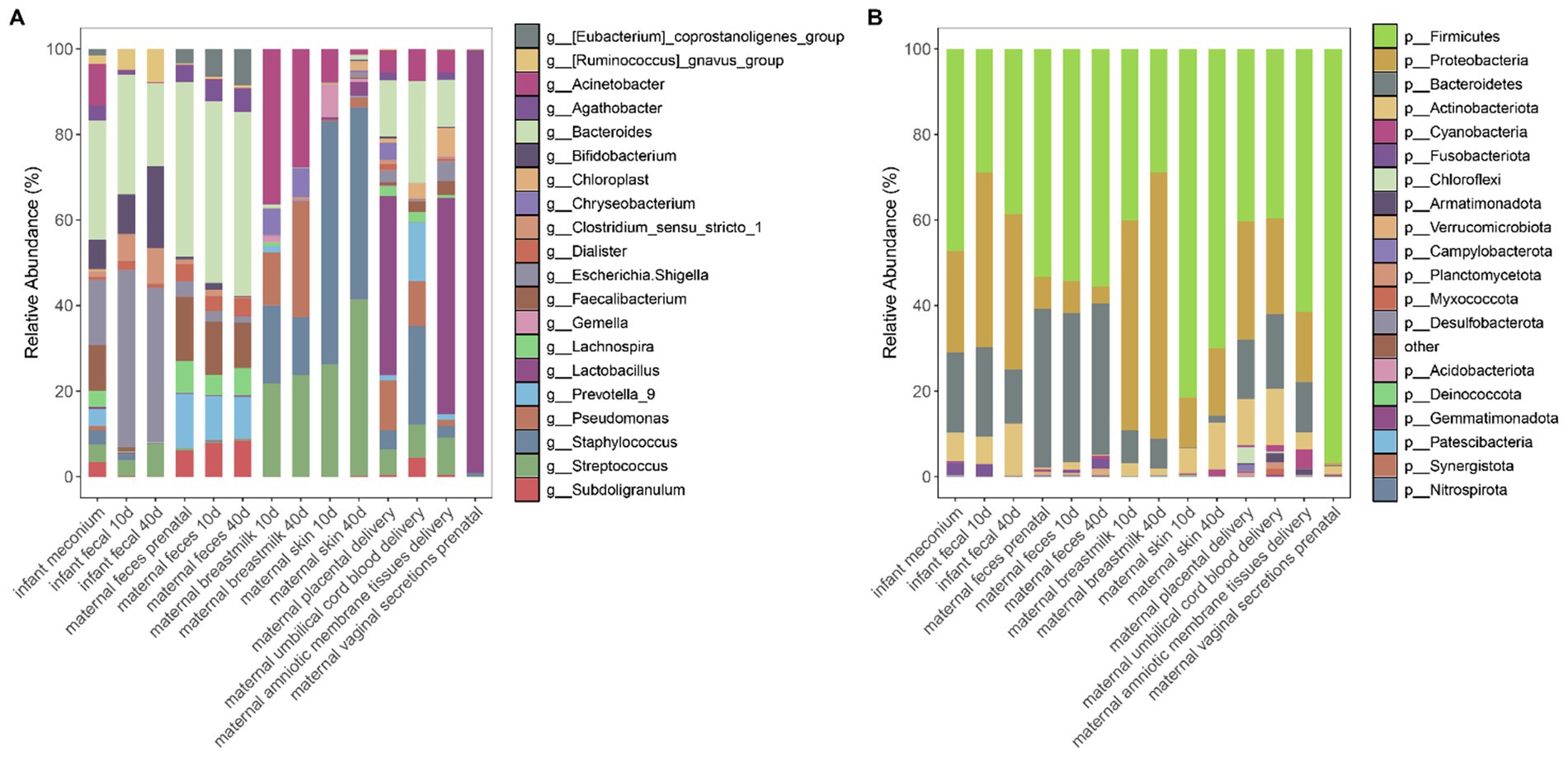 Two bar charts labeled A and B depict the relative abundance of various microbial groups in different samples. Chart A categorizes by genus, with colorful bars representing different genera such as Eubacterium and Lactobacillus. Chart B categorizes by phylum, showing phyla like Firmicutes and Proteobacteria. Both charts include samples like infant meconium and maternal vaginal secretions, highlighting microbial diversity in these environments. Legends indicate the colors corresponding to each microbial group.