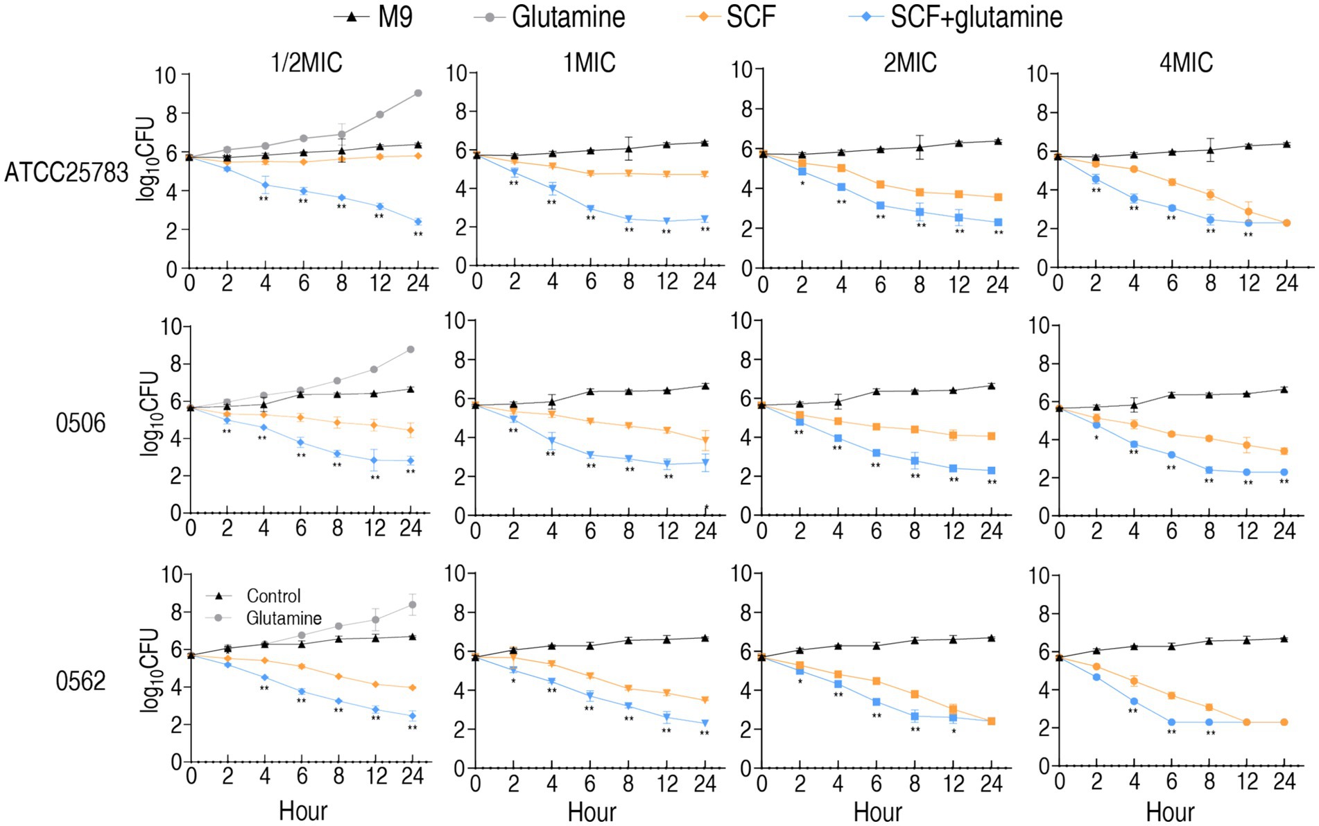Nine line graphs display the effect of different treatments on bacterial CFU counts over time. The y-axis shows log10 CFU, and the x-axis shows time in hours. There are rows for ATCC25783, 0506, and 0562, and columns for 1/2MIC, 1MIC, 2MIC, and 4MIC. Treatments include M9, Glutamine, SCF, and SCF+Glutamine. The control shows little change, while SCF+Glutamine reduces CFU counts most significantly, indicated by blue data points and asterisks marking statistical significance.