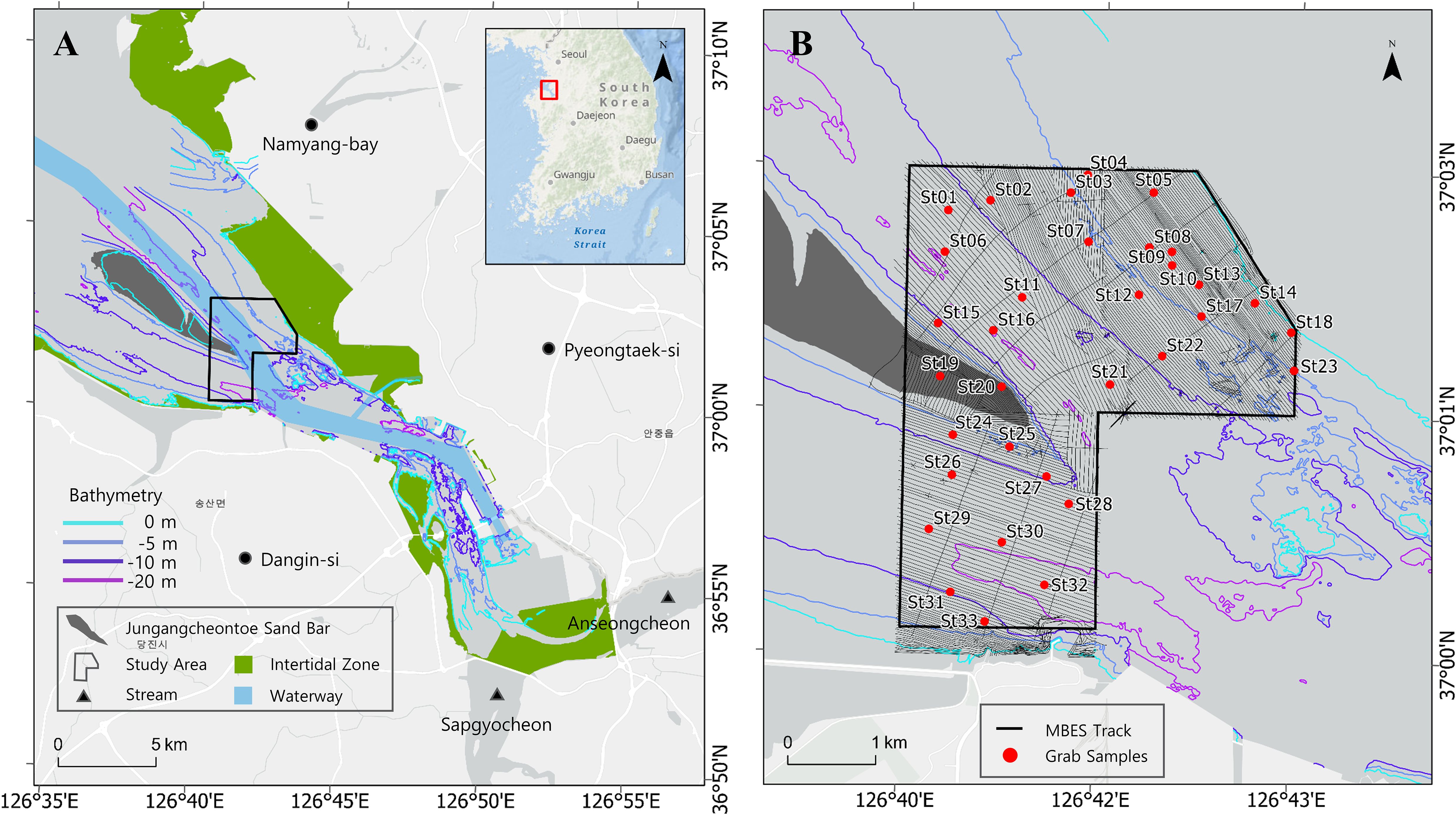 Map divided into panels A and B. Panel A shows a study area around Namyang Bay, South Korea, highlighting bathymetry with different depth contours and an intertidal zone. Key locations such as Pyeongtaek-si and Dangin-si are marked. Panel B zooms into a section, detailing grab sample sites (St01 to St33) with red dots and MBES track boundaries. Bathymetric contours are labeled, and geographic coordinates are provided on both panels. A small inset map of South Korea indicates the study area location.