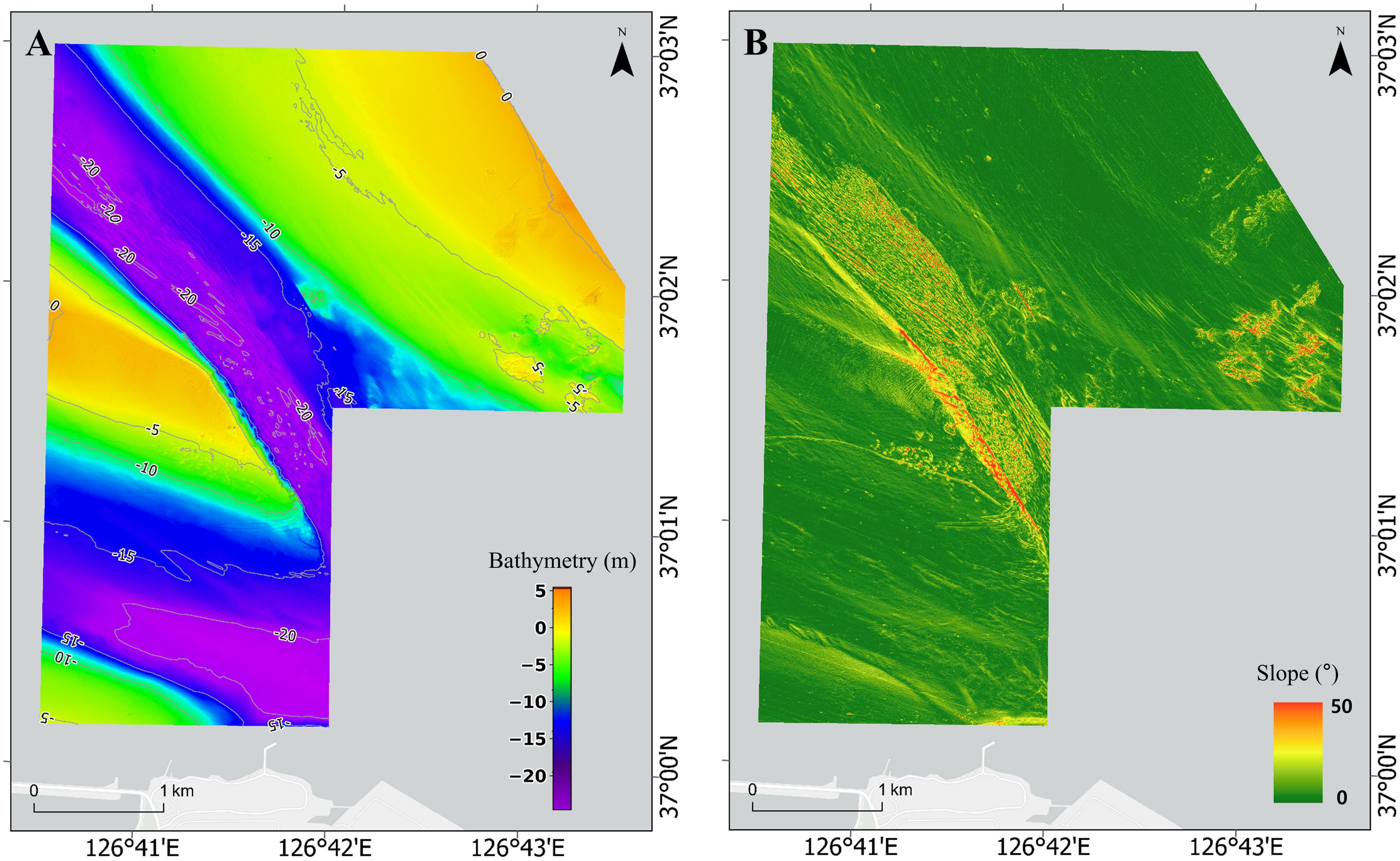 Panel A shows a bathymetry map with depths ranging from -20 meters to 5 meters, represented in colors from purple to yellow. Panel B illustrates a slope map with gradients from 0 to 50 degrees, shown in colors from green to red. Both panels include a scale bar of 1 kilometer and are oriented with north at the top.