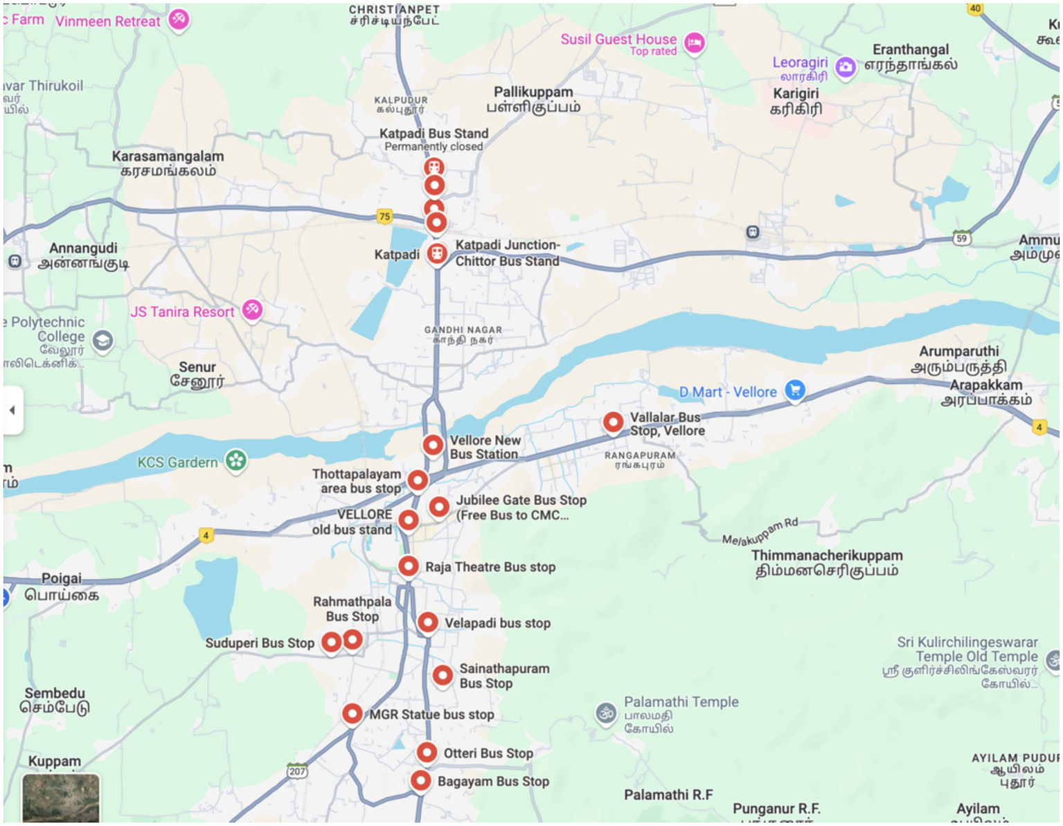 Map showing bus stops in Vellore, India, including Vellore New Bus Station, Katpadi Junction, and Katpadi Bus Stand. Nearby landmarks include D Mart Vellore, Polytechnic College, and Palamathi Temple. Surrounding areas are marked with road numbers and regional names.