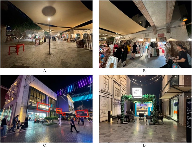 A: Outdoor market scene at night with overhead canopy, lights, and people walking past stalls. B: Busy market alley with vendors displaying clothes and other items, covered by a canopy. C: Nighttime shopping district with people walking, illuminated storefronts, and colorful overhead lights. D: Outdoor café area marked
