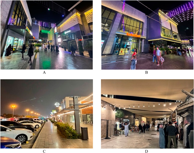 Image A shows a lively nighttime shopping street, with colorful lights and people strolling along the pavement. Image B depicts people standing near illuminated commercial buildings with vibrant purple and yellow lights. Image C features a parking lot at night, lined with cars and streetlights along a building with outdoor seating. Image D shows a market scene at night, with people walking under beige canopies and string lights, near various stalls.