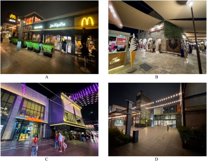 Image A shows a McDonald's entrance at night with illuminated signage and potted plants outside. Image B displays an outdoor market area with a large ice cream cone sculpture and canopy overhead. Image C captures a nighttime scene of a shopping complex with purple-lit architecture and people walking. Image D features a modern building exterior with string lights across the plaza at night.