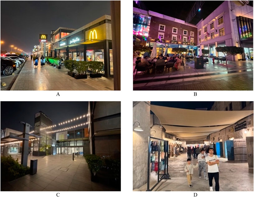 A: Night view of a McDonald's restaurant with cars parked nearby and pedestrians walking along the sidewalk. B: Outdoor courtyard with people dining under colorful lights, surrounded by illuminated buildings. C: Modern commercial area at night with string lights overhead and a quiet walkway. D: People walking under canopy shades in a night market setting with stalls and shops on either side.