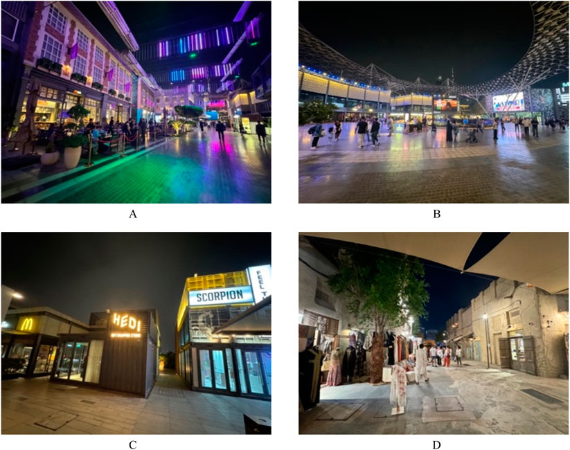 A: Street scene with colorful neon lights illuminating a crowd walking past outdoor cafes and shops at night.B: Large courtyard with people strolling under a unique, illuminated architectural canopy at night.C: Night view of a commercial area with various stores, including McDonald’s and HEDI, an illuminated sign on a building.D: Traditional market setting at night with people walking past shops displaying clothing and other goods, under large angled canopies.