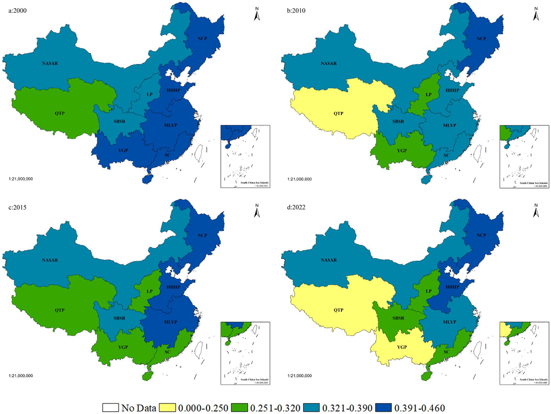 Four maps of China show regional changes from 2000 to 2022, annotated with region codes like NCP and NASAR. Colors indicate data ranges: no data, 0.000-0.250 (yellow), 0.251-0.320 (light green), 0.321-0.390 (light blue), and 0.391-0.460 (dark blue). Each map has a compass and a small inset of South China Sea Islands.