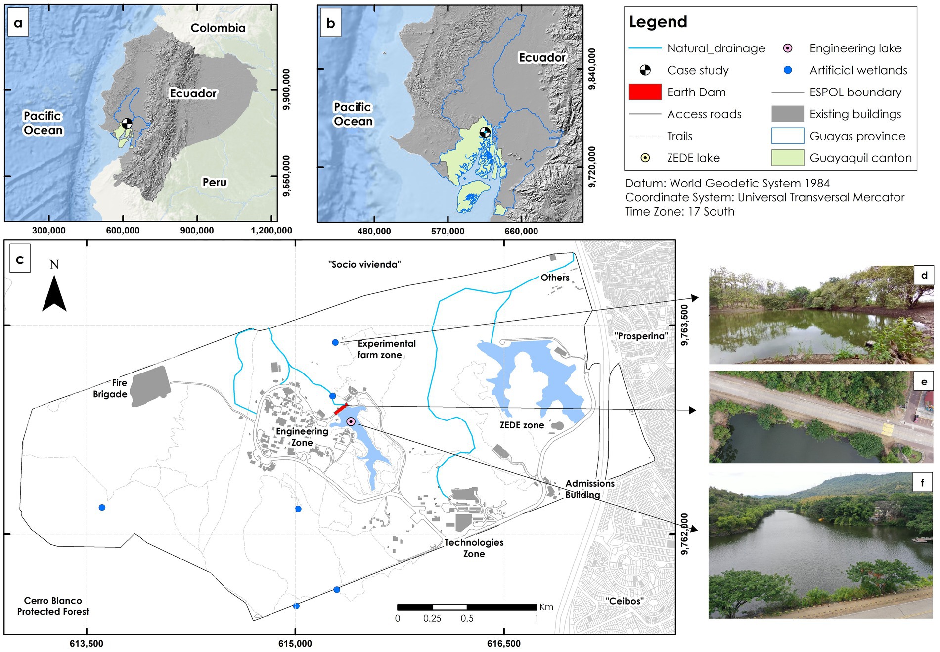 Maps and images showing a geographical study area in Ecuador. Panel a shows a large relief map of Ecuador indicating the context of the location. Panel b zooms in on the study area at the provincial level. Panel c provides a detailed map of the study area, highlighting natural drainage and infrastructure and key areas: Engineering Zone, ZEDE Zone, Experimental Farm Zone, and various infrastructure. Panels d, e, and f show corresponding photographs of natural and built environments, including lakes and artificial wetlands. The legend explains the symbols on the map, showing roads, lakes, and structures.