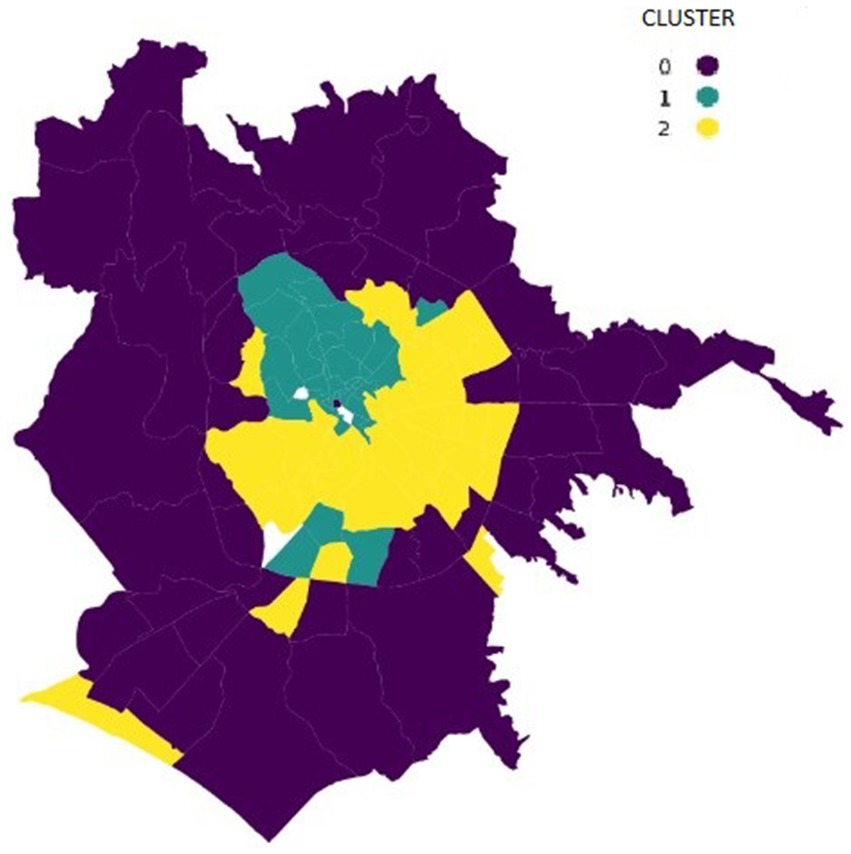 Map illustrating geographic clusters using three colors: purple (Cluster 0), green (Cluster 1), and yellow (Cluster 2). The map predominantly shows purple areas, with central regions marked in green and yellow, indicating cluster distribution.