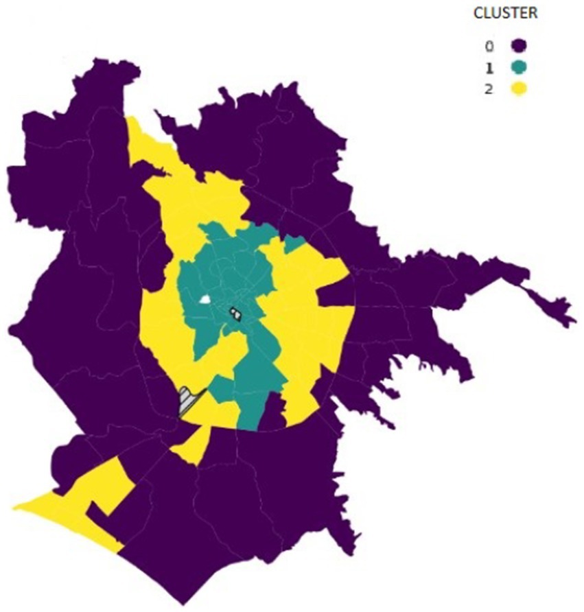 Map showing a region divided into three clusters. Cluster 0 is purple, cluster 1 is teal, and cluster 2 is yellow. The map illustrates geographical areas with varying colors representing different clusters.