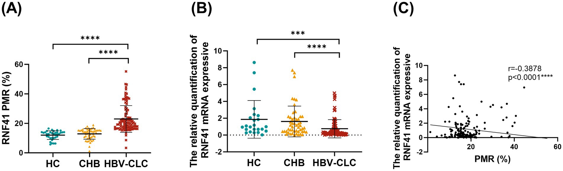 (A) A scatter plot showing RNF41 PMR (%) for healthy controls (HC), chronic hepatitis B (CHB), and hepatitis B virus-related chronic liver condition (HBV-CLC) groups. Significant differences are indicated by asterisks. (B) Relative quantification of RNF41 mRNA expression for the same groups, with significant differences marked. (C) A scatter plot depicting a negative correlation between RNF41 PMR and relative mRNA expression, with correlation coefficient r = -0.3878 and p < 0.0001.