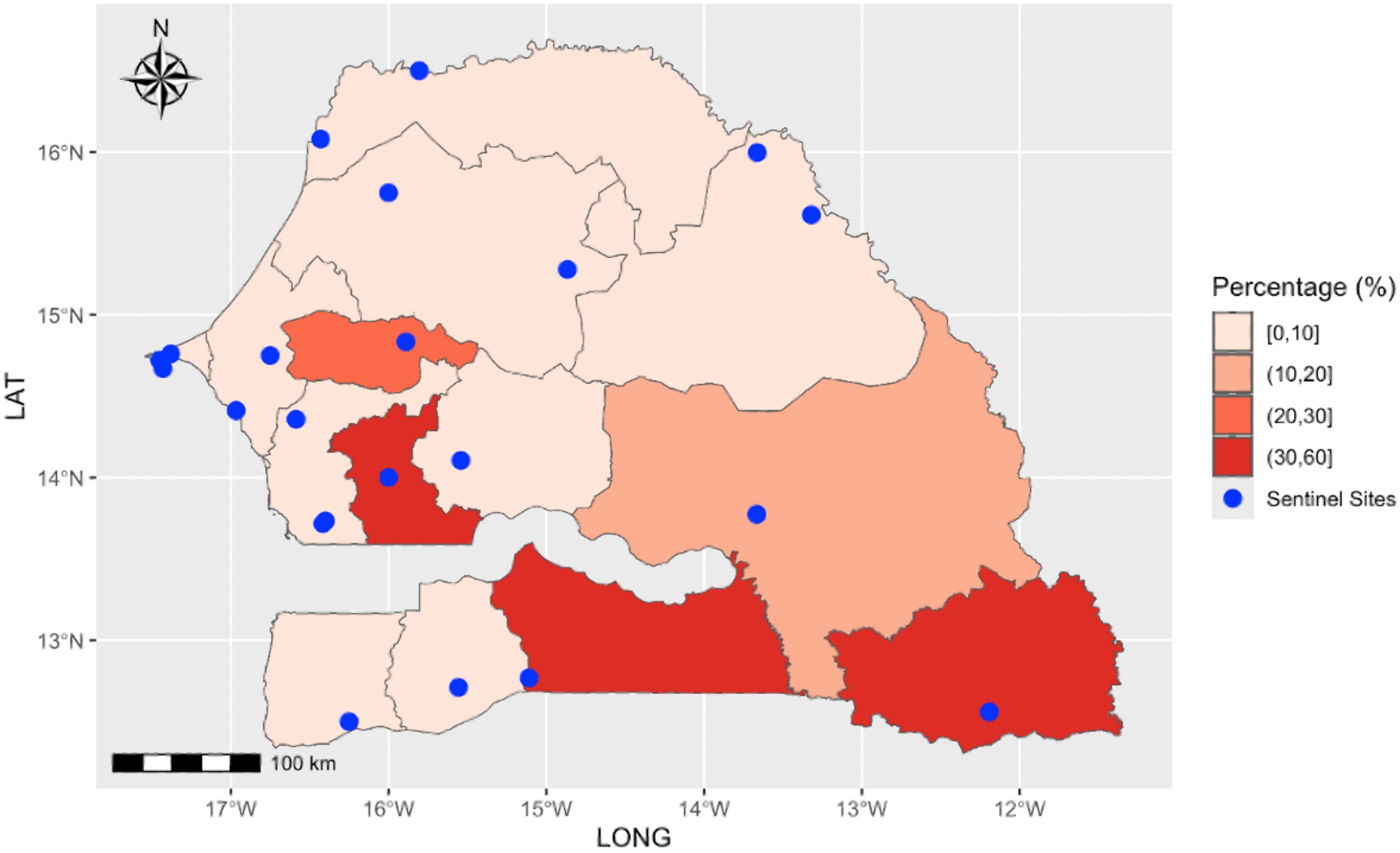 Map of Senegal showing malaria prevalence percentages by region, with a gradient from light peach (0-10%) to dark red (30-60%). Blue dots indicate sentinel sites. A compass rose and scale bar are included.