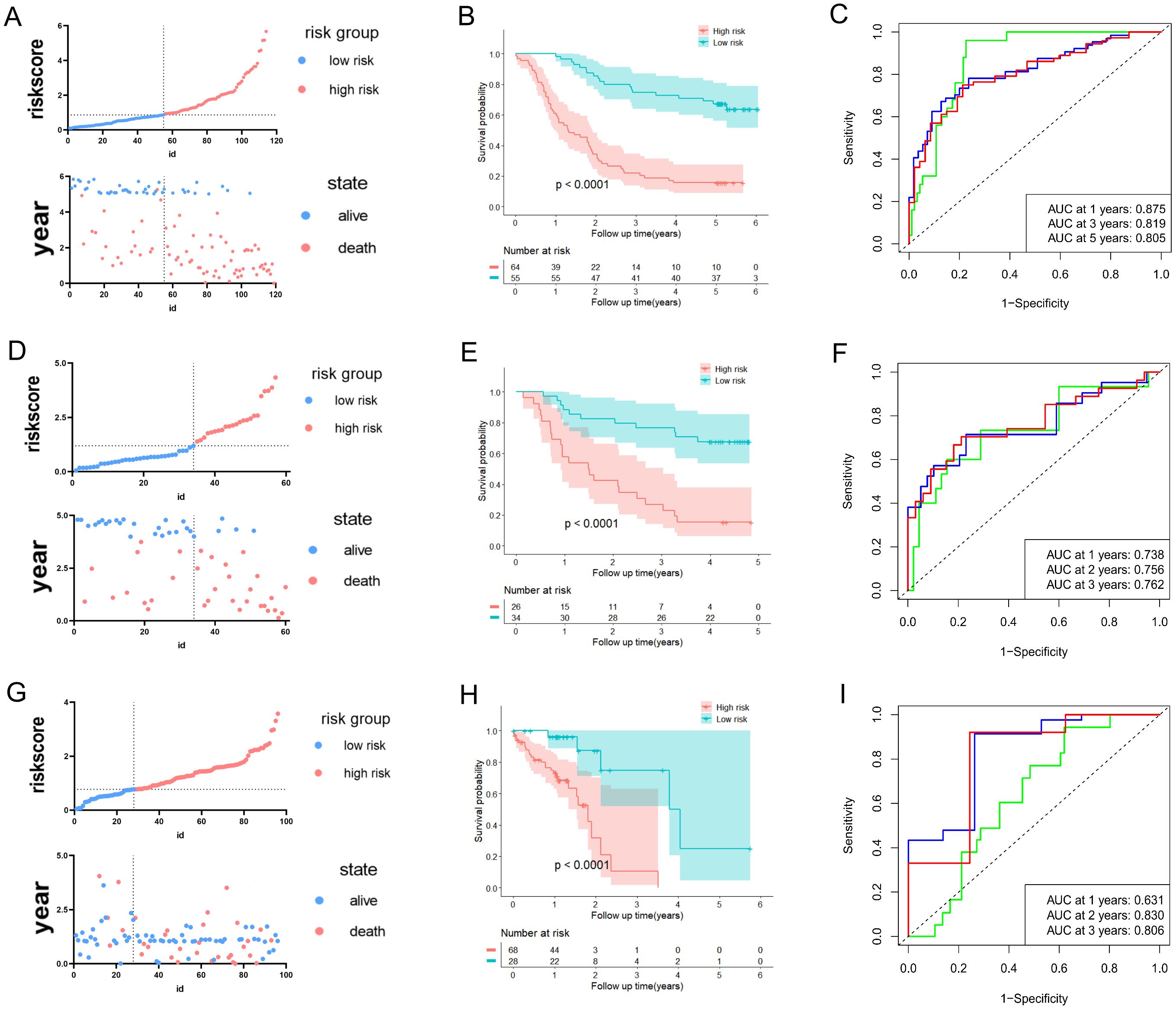 Panel of graphs depicting risk assessments and survival probabilities. A, D, G: Scatter plots show risk scores versus ID, with points colored by risk group (low risk in blue, high risk in red) and state (alive in blue, dead in red). B, E, H: Kaplan-Meier survival curves indicate significant differences (p < 0.0001) between high and low-risk groups, with follow-up times and numbers at risk listed. C, F, I: ROC curves illustrate sensitivity versus 1-specificity for different time points, showing AUC values.