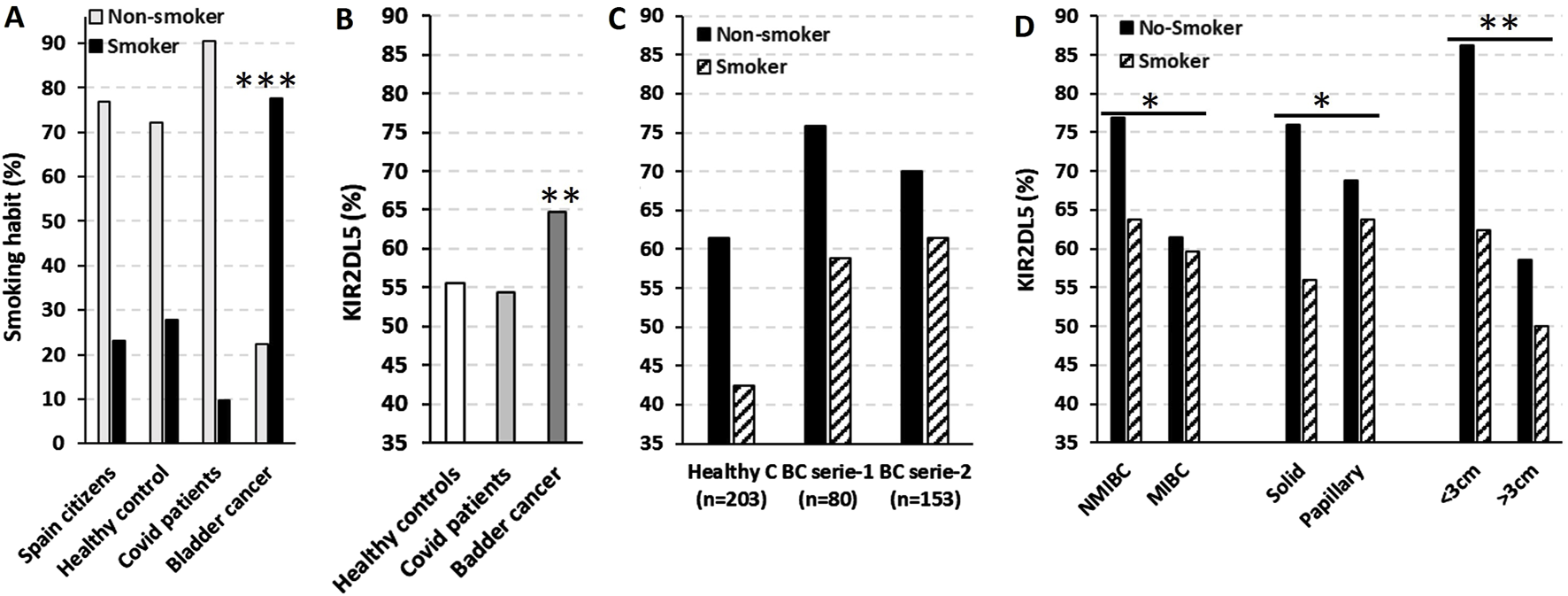 Four bar graphs labeled A, B, C, and D compare smoker and non-smoker percentages across different groups. A shows smoking habits for Spain citizens, healthy controls, COVID patients, and bladder cancer patients, with bladder cancer patients having the highest smoker percentage. B shows KIR2DL5 percentages, with bladder cancer patients having higher levels. C compares healthy controls and two bladder cancer series, showing higher KIR2DL5 percentages for smokers. D compares various bladder cancer conditions, indicating higher KIR2DL5 percentages in non-smokers for NMIBC, MIBC, solid, papillary, and greater than 3 cm conditions.