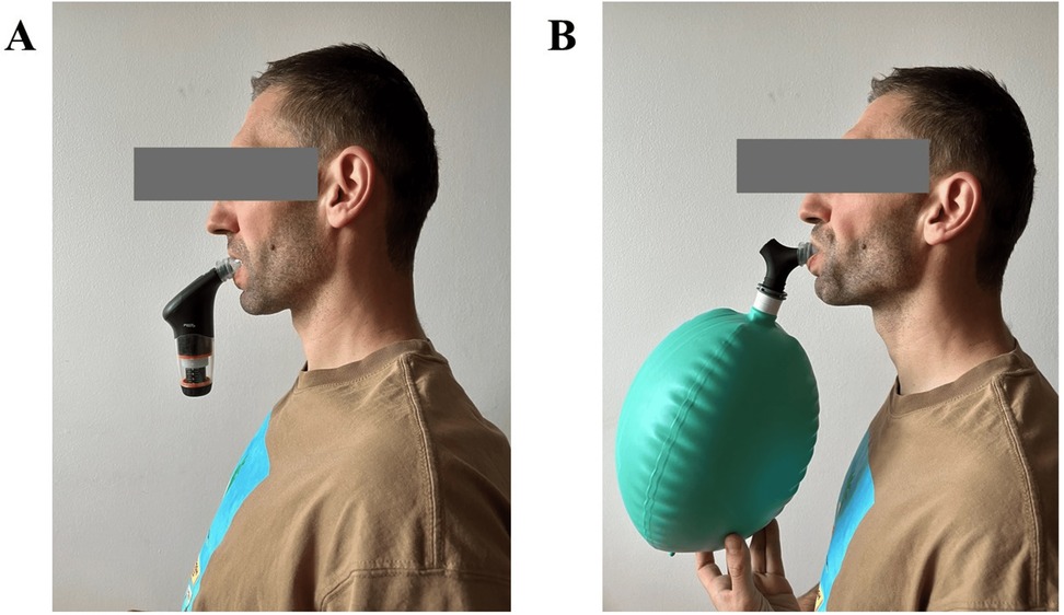 Panel A shows a person in profile using a dark respiratory device with a mouthpiece. Panel B shows the same person holding a large teal inflatable bag connected to the mouthpiece. Both images focus on breathing apparatus usage.