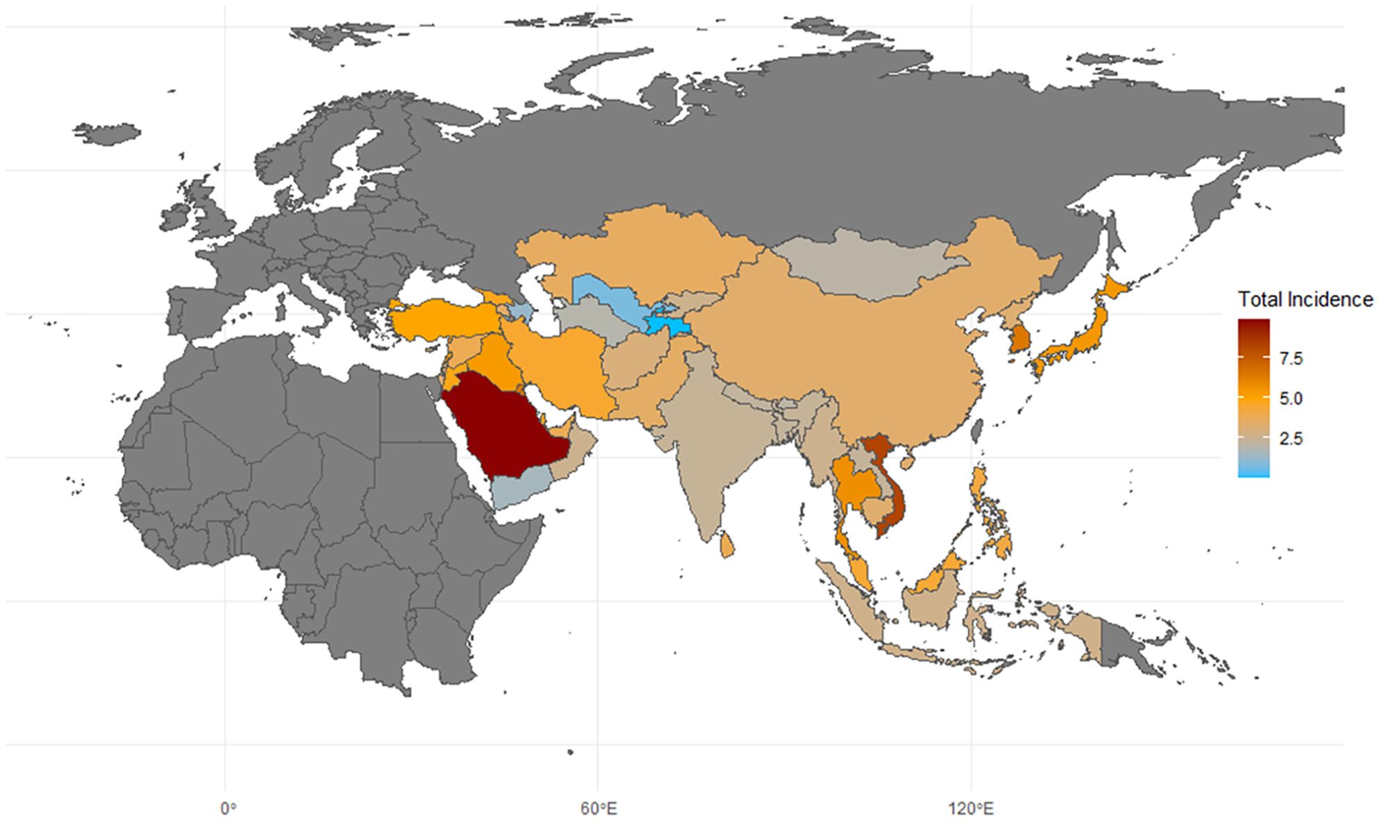 World map highlighting total incidence rates in various countries across Asia and the Middle East. The color scale indicates levels from low (blue) to high (dark red). Saudi Arabia has the highest incidence, while other regions show varying levels. Surrounding areas are gray, signifying no data or incidence.
