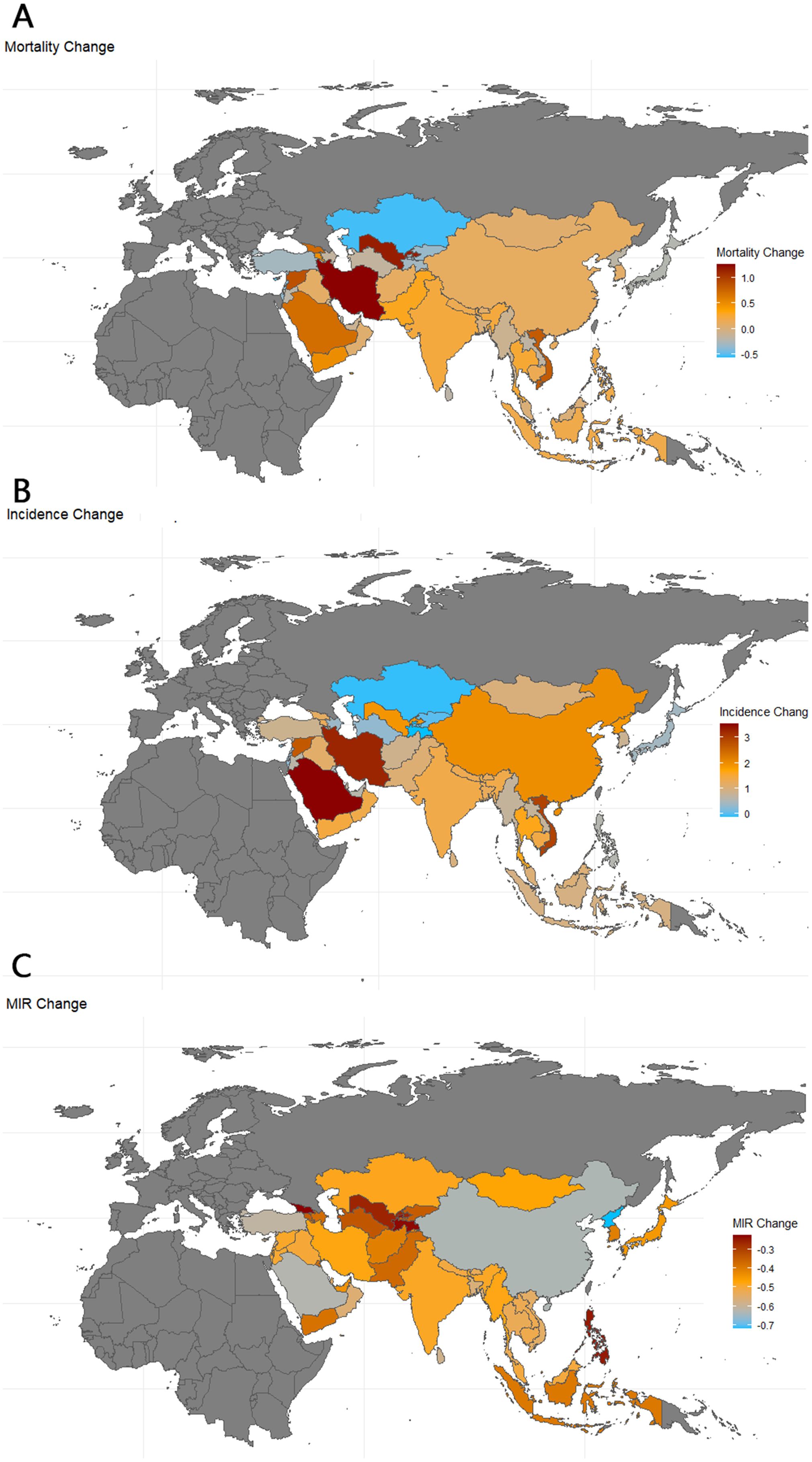 Three maps display changes across regions. Map A shows mortality change, with a color gradient from blue (decrease) to red (increase). Map B illustrates incidence change using a similar color scheme. Map C depicts the change in Mortality-to-Incidence Ratio (MIR), also using a color gradient from blue (decrease) to red (increase). Each map indicates regional variation in changes over time.