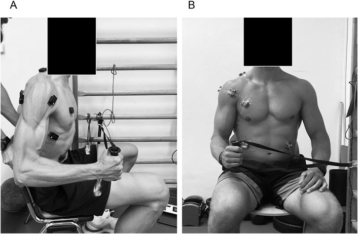 Two images of a person seated and using exercise equipment. In image A, the person holds a handle connected to a cable, with sensors attached to their torso. In image B, another view shows the person with similar equipment and sensors, focusing on the chest and arm muscles. Faces are obscured for privacy. Both images emphasize muscular engagement during exercise.