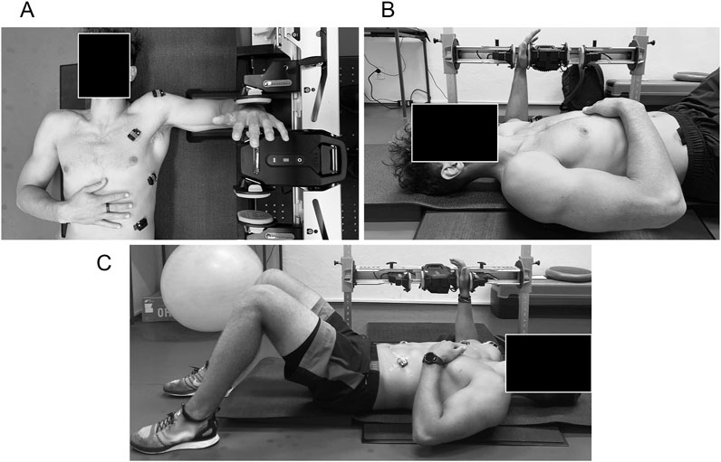 Three-panel image showing a person performing exercises with equipment while lying on a mat. Panel A: Person with arm extended to the side, several sensors attached to the body. Panel B: Person lying down, holding a weight bar above, another hand on the chest. Panel C: Person with knees bent, holding a weight bar, additional sensors on the body. The face is obscured in each panel.