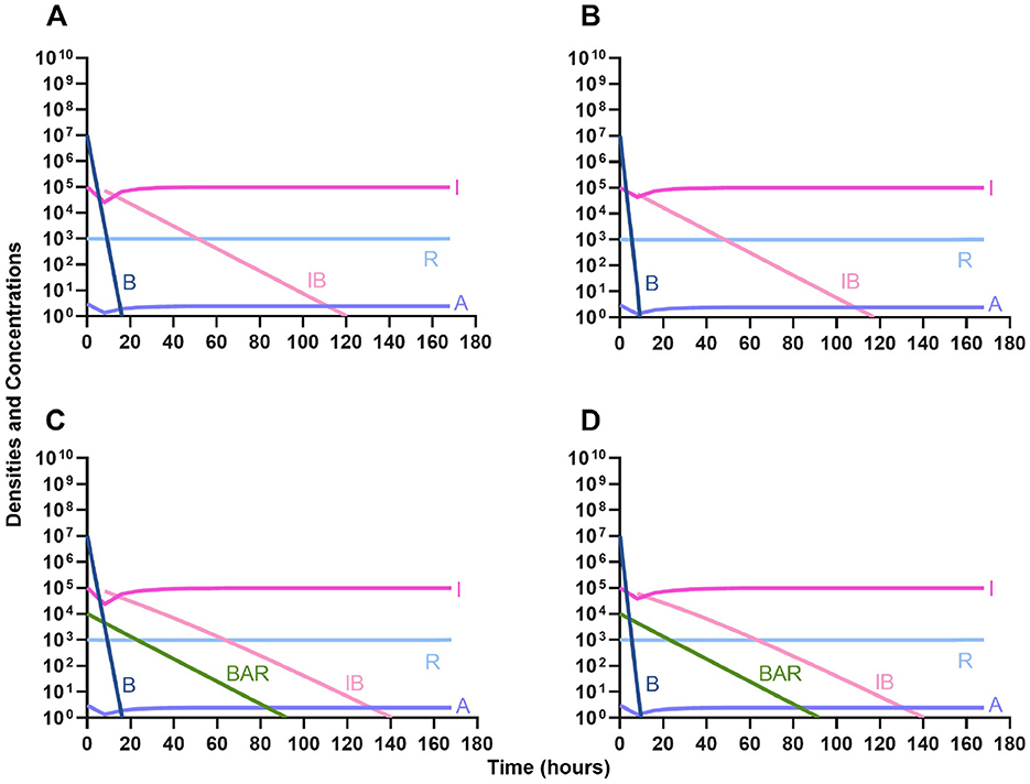 Four line graphs labeled A, B, C, and D show densities and concentrations over time in hours. Each graph displays colored lines representing variables: I (magenta), IB (pink), B (dark blue), R (light blue), and A (gray). Graphs C and D also have a green line for BAR. The x-axis represents time, and the y-axis represents densities on a logarithmic scale. The behavior of lines varies slightly across the graphs, indicating differing interactions and dynamics among the variables.