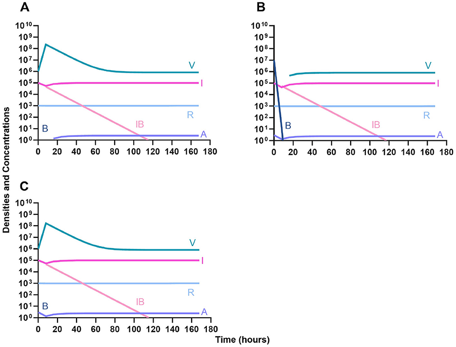 Three graphs labeled A, B, and C show densities and concentrations over 180 hours. The y-axis is logarithmic, ranging from 10∧0 to 10∧10. All graphs depict curves for variables V, I, IB, R, B, and A, showing similar trends: V and I remain high, IB decreases sharply, and R, B, and A remain low.