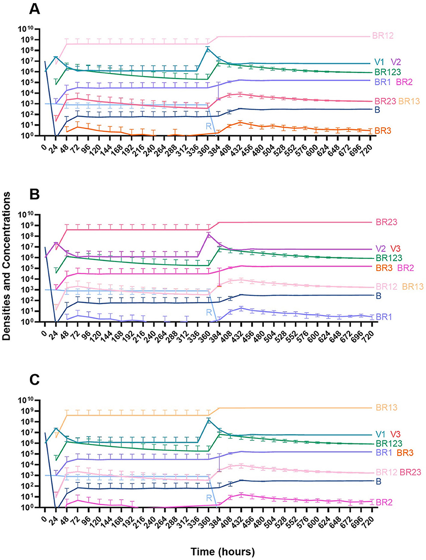Three graphs labeled A, B, and C show the densities and concentrations over time in hours, ranging from zero to seven hundred twenty. Each graph includes multiple colored lines representing different variables, such as BR12, BR23, V1, V2, BR123, and more, indicating their changes across the timeline. Error bars are present, showing variability in data. The y-axis is logarithmic, ranging from ten to the power of one to ten to the power of ten. Each line has a distinct pattern and color for identification.
