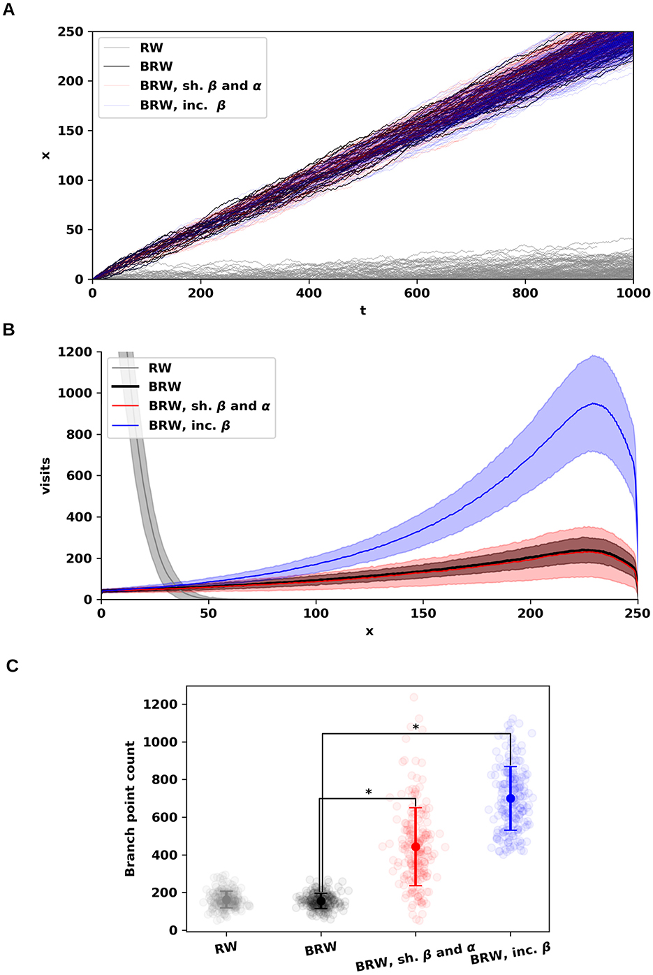 Three panels illustrate data related to different models. Panel A shows multiple trajectory lines plotted over time, comparing RW, BRW, and two variations of BRW. Panel B displays line graphs of visit counts over distance, with confidence intervals, for the same models. Panel C presents a scatter plot with branch point counts, featuring distinct clusters for each model, and markings of statistical significance between them.