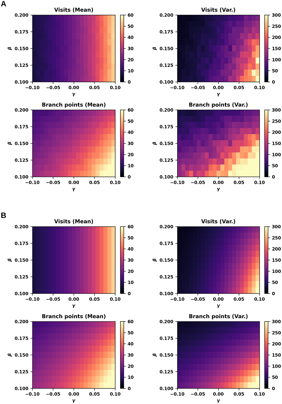 Line and bar graphs comparing experimental (Exp; gray) and simulated (Sim; black) data. Panels (A) and (B) are line graphs showing the number of intersections versus distance from the soma for semilunar (SL) and pyramidal (PYR) neurons, respectively. In both cases, experimental data closely overlaps with the simulations. Panels (C) and (D) are bar graphs displaying the frequency of branch points in SL and PYR neurons, showing similar distributions between experimental and simulated data. Error bars represent variability.