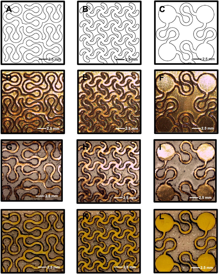 Twelve panels show patterns of interconnected loops. Panels A, B, and C display black line designs on white backgrounds, labeled as 2.5 millimeters. Panels D to L illustrate similar patterns with physical textures and colors. Each pattern maintains a scale indicator of 2.5 millimeters.