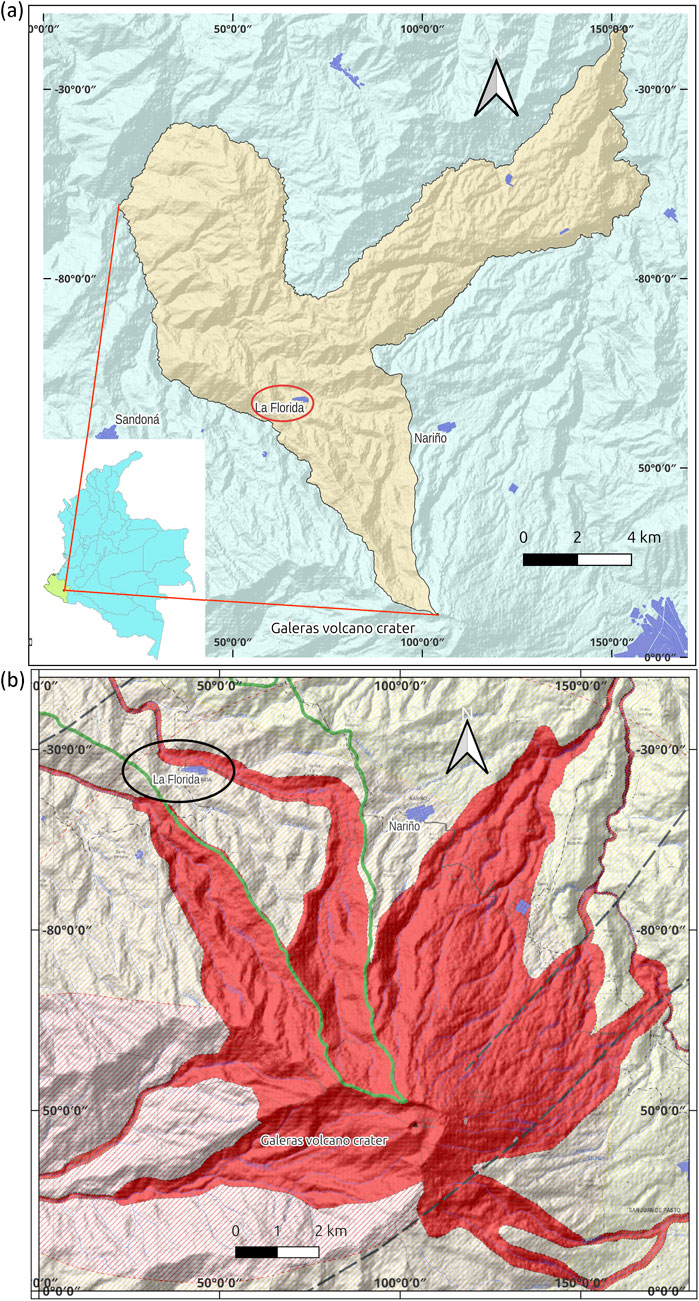 Map of the Galeras Volcano region. The top panel shows a geographic map with La Florida and Nariño marked, highlighting the volcano's location in Colombia. The bottom panel displays a hazard map with red areas representing volcanic risk zones extending from the Galeras volcano crater. Scale bars indicate distances in kilometers.