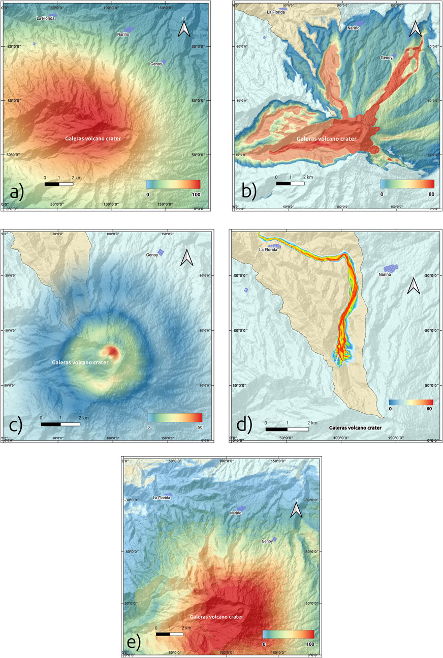 Map series illustrating the Galeras volcano crater and surrounding region. Panel a shows an elevation map highlighting the crater in red. Panel b depicts flow pathways, with various lava and debris channels in contrasting colors. Panel c visualizes a topographic gradient with the crater in the center. Panel d focuses on a narrow flow channel extending from the crater. Panel e provides a broader elevation view with the crater marked prominently. Each panel includes a scale bar, north arrow, and color gradient key.