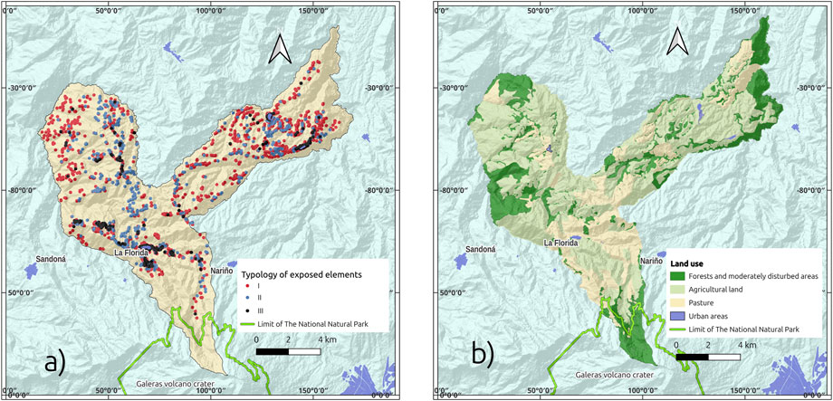 Map pair showing land features near Galeras volcano. (a) Displays typology of exposed elements, marked by red, blue, and black dots, indicating different types. (b) Shows land use with areas colored for forests, agricultural land, pasture, and urban areas, with the National Natural Park boundary in green.