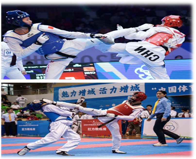 Two images of taekwondo matches show athletes in protective gear performing high kicks. The competitors wear chest protectors, helmets, and gloves. The matches are set in indoor arenas with judges and spectators observing.