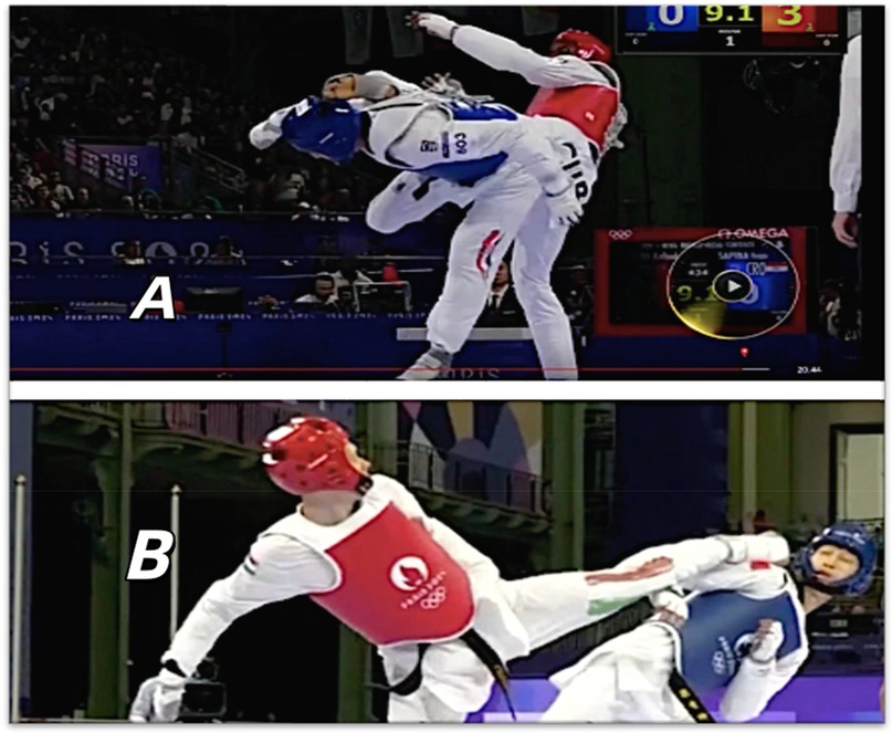 Two images labeled A and B show athletes competing in a taekwondo match. In image A, one fighter, wearing blue protective gear, is airborne while delivering a kick to an opponent with red gear. The scoreboard is visible in the background. In image B, the fighter with red gear is executing a high kick against the opponent in blue gear. Both images capture dynamic action and precise combat techniques.