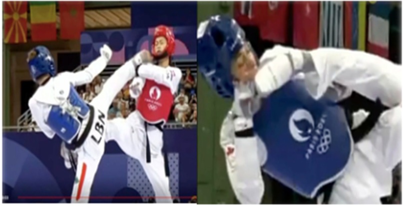 Two images of taekwondo sparring: On the left, a competitor in white with blue protective gear (marked \