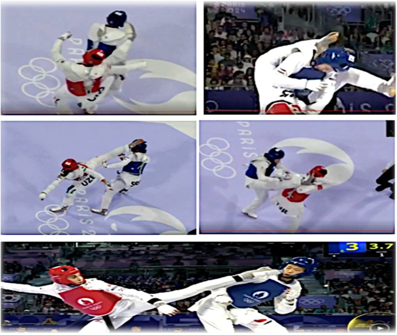 Taekwondo match with athletes wearing red and blue protective gear engaged in various combat moves. The background includes Olympic rings and the word \