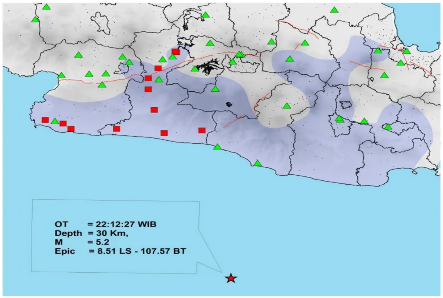 Map showing an earthquake's epicenter marked by a red star in the southern sea, with green triangles and red squares indicating geographical landmarks and affected areas on land. Contours represent different impact zones. A data box notes the event time as 22:12:27 WIB, depth as 30 kilometers, magnitude as 5.2, and coordinates at 8.51 LS - 107.57 BT.