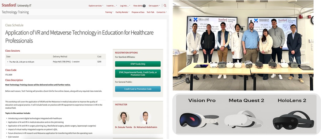 Composite image highlighting a Stanford University IT technology training class titled “Application of VR and Metaverse Technology in Education for Healthcare Professionals.” The left panel displays the course webpage detailing session date, delivery method, fee, class description, and topics such as AI integration, surgical simulation, and VR’s impact on patient outcomes. The right panel shows a group photo of instructors and participants standing behind a table with various extended reality headsets. Below is a graphic displaying four XR devices used in the course: Apple Vision Pro, Meta Quest 2, Meta Quest Pro, and Microsoft HoloLens 2.